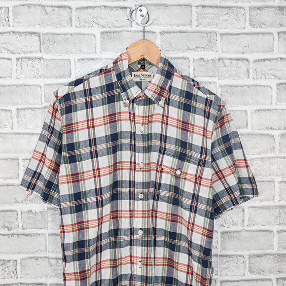 JOHN SIMONS Men's Short Sleeve Button down Shirt Madras Plaid size XS - Picture 3 of 6